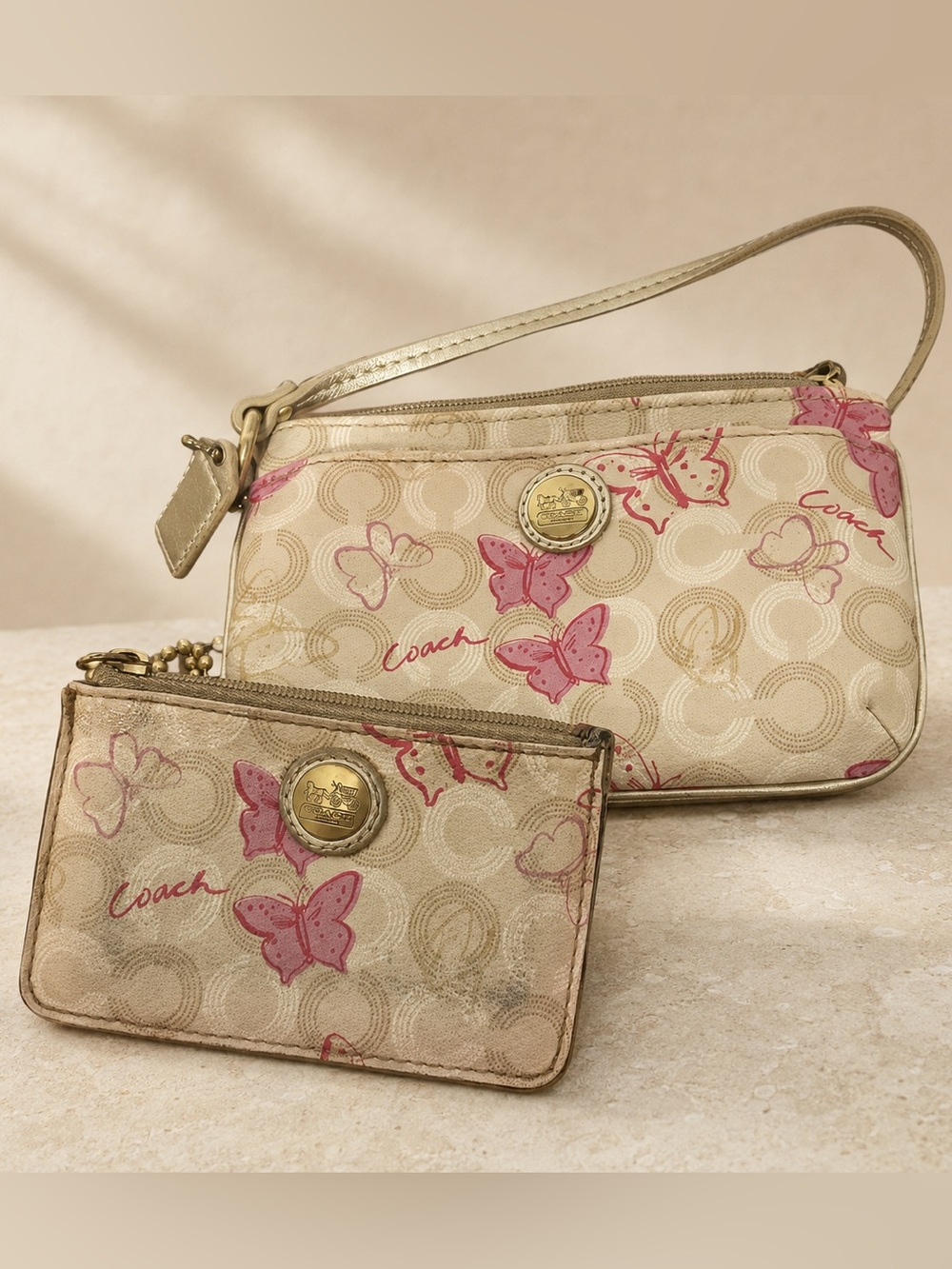 Coach Signature Pink Butterfly Wristlet & ID Coin Purse Set